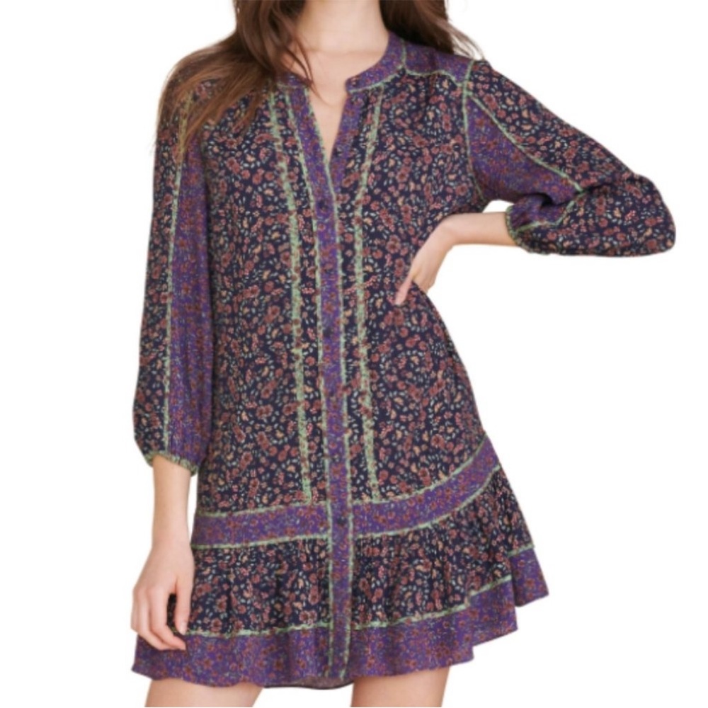 Veronica Beard Purple Floral Long-Sleeve Boho Dress (c0083)
